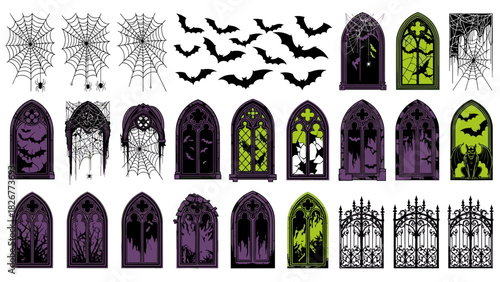 Collection of halloween graphic elements including bats, spiderwebs, and gothic windows