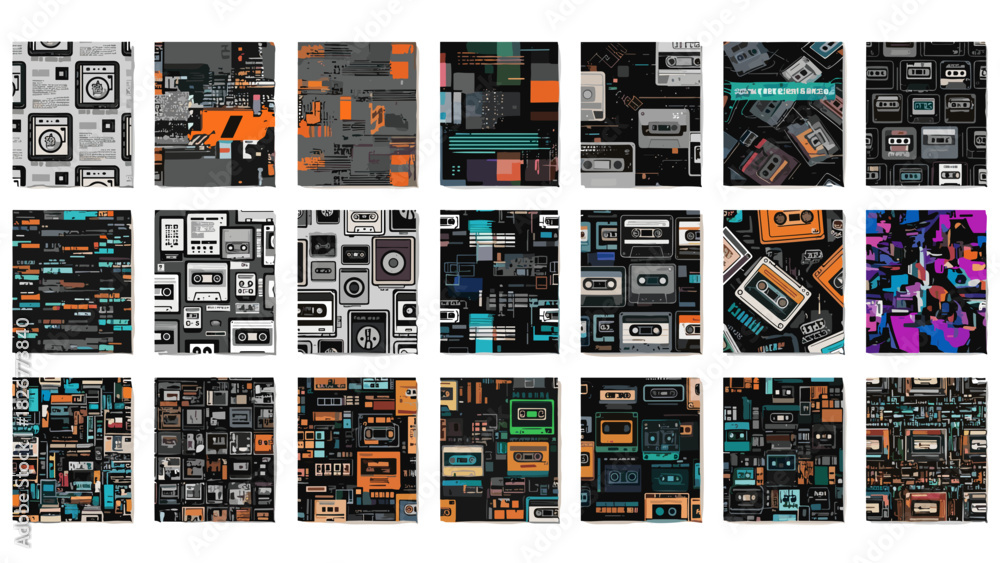 Fototapeta premium Collage of vintage cassette tapes and retro graphic elements