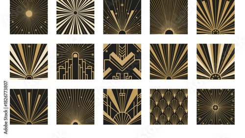 Art deco sunburst pattern, geometric shapes, gold and black