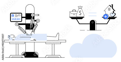 Healthcare cost concept. Illustration robotic surgery, cost-equity balance, and advancing technology in modern medicine. Healthcare cost challenges, solutions, and innovations. For medical, tech