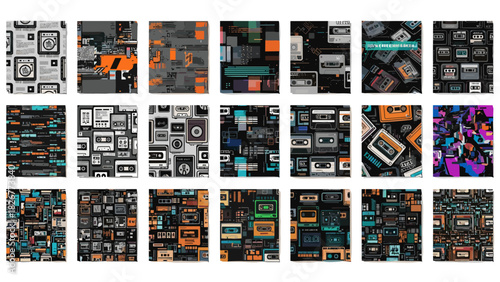 Collage of vintage cassette tapes and retro graphic elements