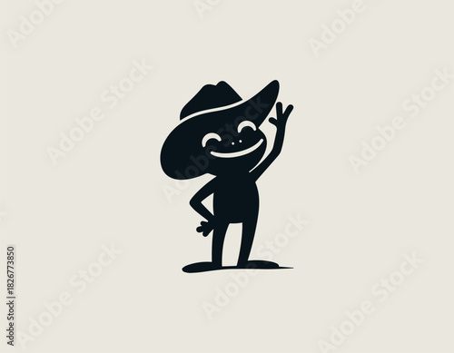 A joyful black character mascot wearing a wide brim cowboy hat smiling and waving in a bold minimalist vector graphic style on a clean white background.