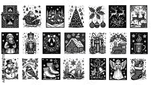 Collection of vintage christmas illustrations in black and white