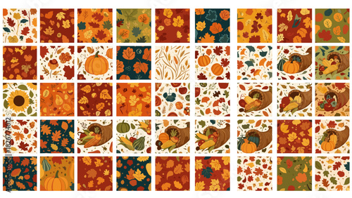 Autumn harvest mosaic with pumpkins, sunflowers, and cornucopias