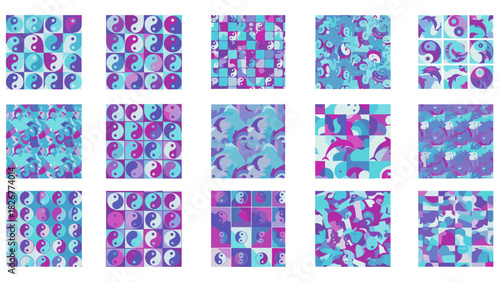 Abstract seamless pattern with yin yang symbols and geometric shapes