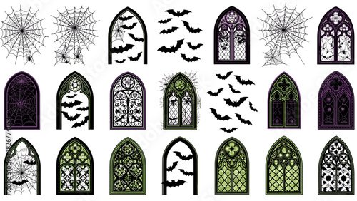 Gothic windows and spiderwebs for halloween decoration