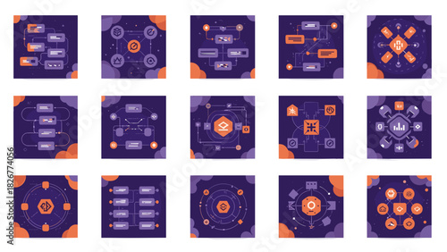 Set of 15 abstract diagrams representing data flow and network connections