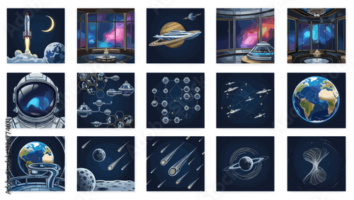 Collection of space and science fiction themed illustrations and graphics