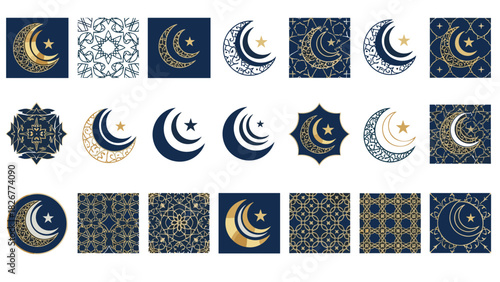 Collection of islamic symbols, moon, star, and geometric patterns