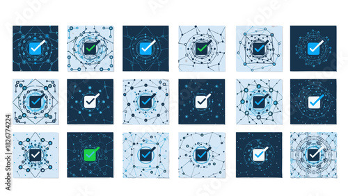 Abstract digital checkmarks on a dark blue background with circuits