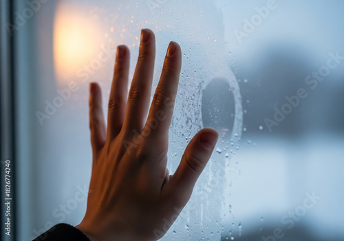 A gentle touch on a cold, steamy window pane with a warm light
