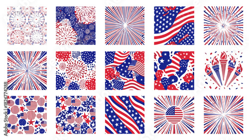 Collection of american flag and fireworks patterns in red, white, and blue