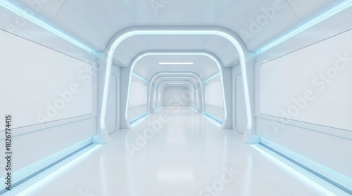 Fototapeta Naklejka Na Ścianę i Meble -  Futuristic white tunnel corridor with blue neon lights, sci-fi spaceship interior, abstract 3d render architecture, clean modern hallway background