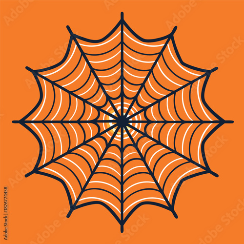 A clean spider web illustration on an orange background, with thick black lines and a symmetrical geometric pattern