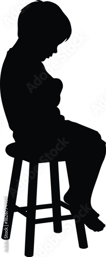 Silhouette child sitting on stool feeling sad contemplating life lonely thoughtful contemplative figure isolated on white vector