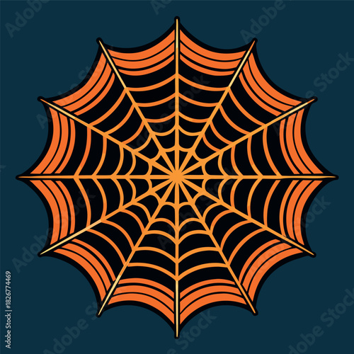A clean spider web illustration on an orange background, with thick black lines and a symmetrical geometric pattern
