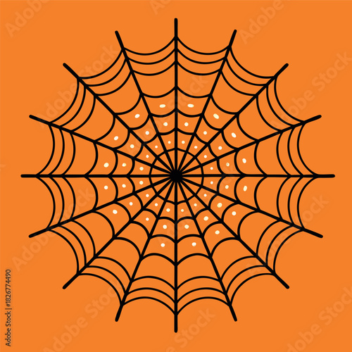 A clean spider web illustration on an orange background, with thick black lines and a symmetrical geometric pattern
