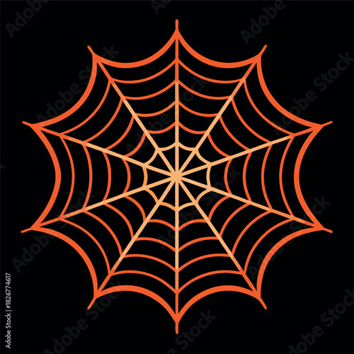 A clean spider web illustration on an orange background, with thick black lines and a symmetrical geometric pattern