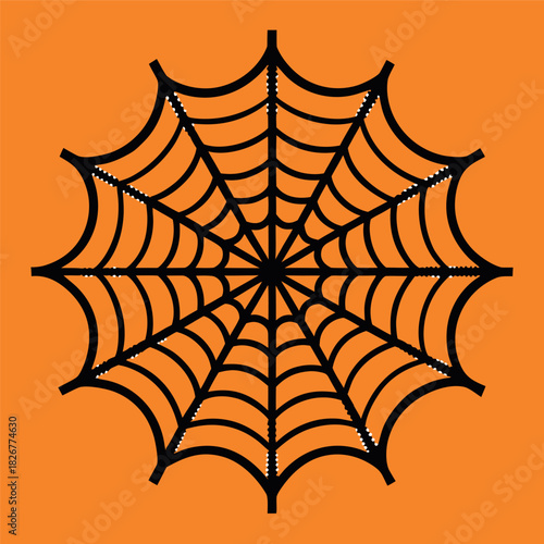 A clean spider web illustration on an orange background, with thick black lines and a symmetrical geometric pattern