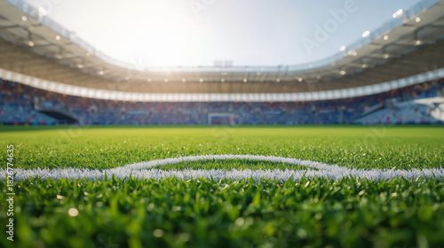 Soccer stadium field with bright sunlight