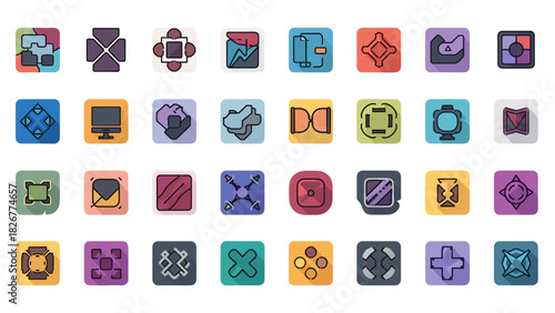 Collection of colorful square icons with unique designs and textures