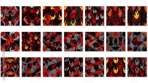 Abstract fiery patterns in red, yellow, and gray tones