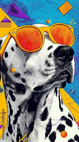 Abstract surreal dalmatian dog wearing bright yellow sunglass against bold background symbolizing vibrant pop art style and summer fun