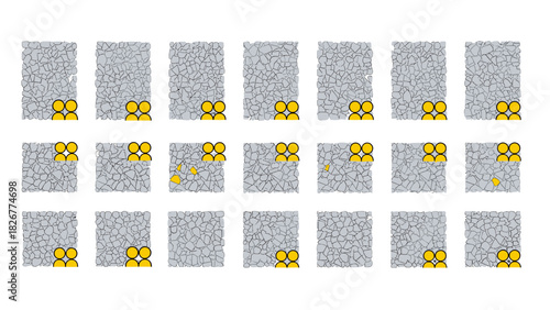 Abstract representation of atomic structure with yellow spheres and gray particles