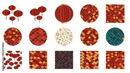 Collection of red and gold chinese lanterns and patterns
