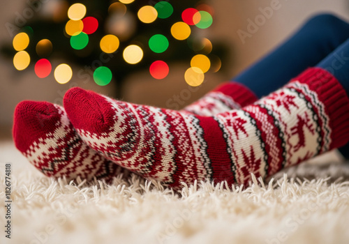 A person relaxing in warm festive socks during Christmas holidays