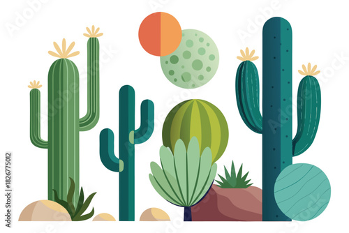 Flat Design Desert Cacti and Rocks Vector Illustration