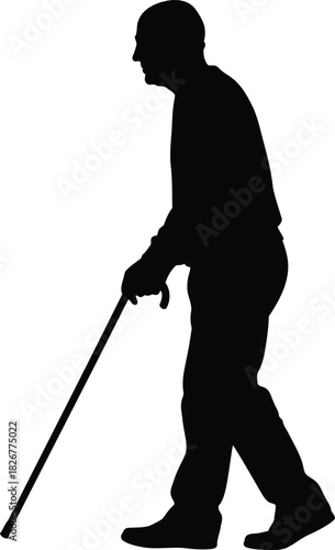 Elderly man silhouette walking with cane elegant senior figure on clean background side view elegant stroll vector