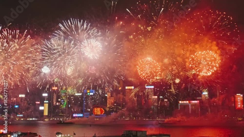 Chinese New Year beautiful fireworks at Victoria habour, Hong Kong, 4k