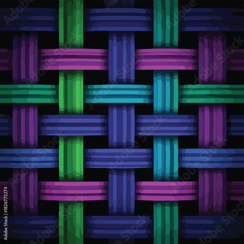 A vibrant, woven pattern showcases intersecting strips of color, creating a visually engaging and textured abstract design against a dark background.