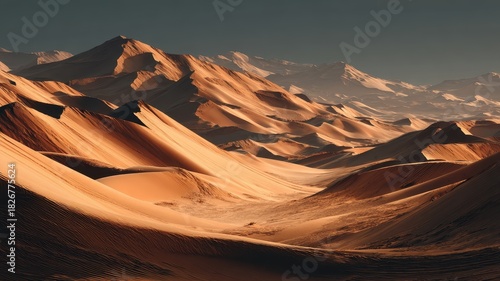 Fototapeta Naklejka Na Ścianę i Meble -  Serene Desert Landscape with Rolling Sand Dunes and Mountains