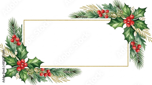 Watercolor Christmas Rectangle Frame with Holly Leaves, Red Berries and Gold Line Border