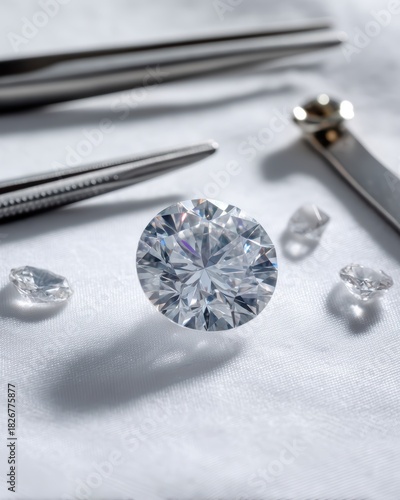 Large brilliant lab grown diamond showcased alongside elegant jewelry crafting tools on clean white surface emphasizing impressive size and value proposition for affordable luxury gemstone concept.