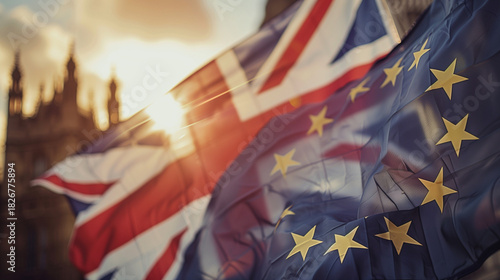 United Kingdom and European Union Flags Waving with Blurred Parliament Background Brexit Concept