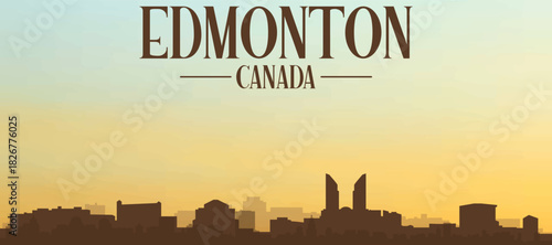 Panoramic poster of the city skyline with misty background buildings, hills sunrise, sunset and clouds of EDMONTON, CANADA