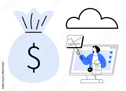 Financial growth. Financial symbols showcase earnings and wealth management. Financial growth linked to cloud storage and online education. For fintech, education, analytics, online courses