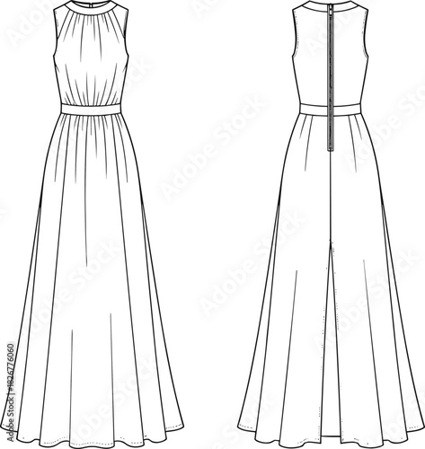 Vector Technical Drawing of Women's Sleeveless High-Waist Maxi Dress with Gathered Neck, Slim Waistband, and Long Full Skirt Apparel Template