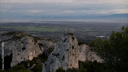 Massive rock formation in the Alpilles on a cloudy morning