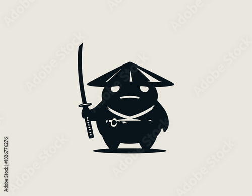 serious black frog samurai character wearing a conical hat holding a traditional katana sword in a bold minimalist vector graphic style on a clean white background.