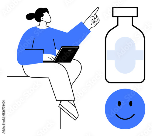 Healthcare concept. Healthcare worker pointing near medicine bottle and smile icon, wellness, treatment, and positivity. Healthcare for medical apps, telemedicine, research, awareness design