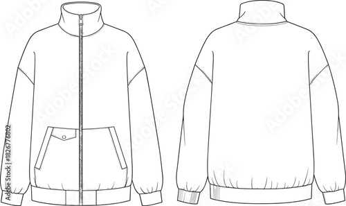Vector Flat Drawing of Casual Oversized Bomber Jacket, High Collar, Elasticated Hem, Pouch Pockets, and Cuffs for Apparel Design, cad drawing flat vector illustration