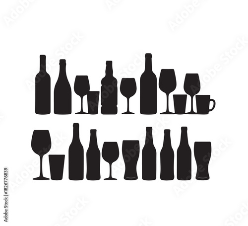 Collection of various empty bottles and glassware silhouettes, representing alcoholic beverages and drinks for celebration and dining