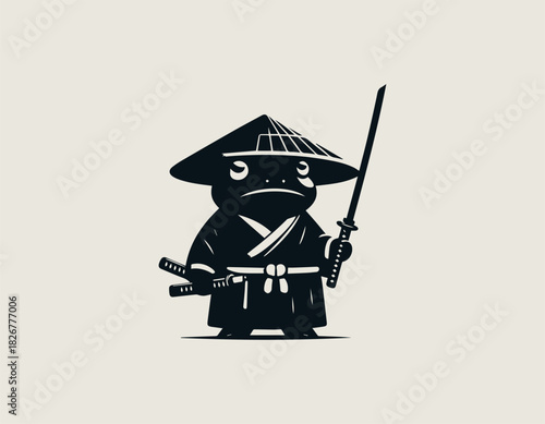 serious black frog samurai character wearing a conical hat holding a traditional katana sword in a bold minimalist vector graphic style on a clean white background.