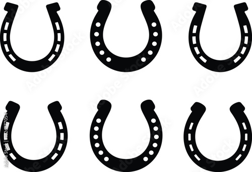 Horseshoe icon set, black silhouette graphics, luck and western symbols, minimal vector design, equestrian elements, charm illustrations
