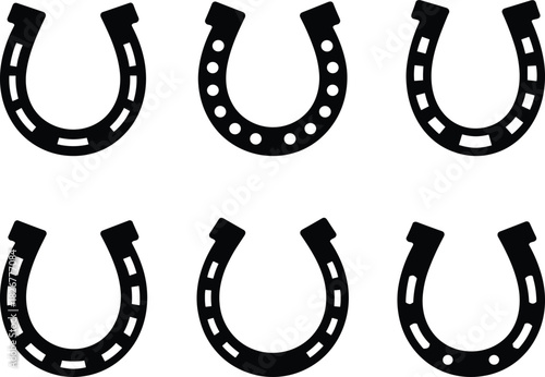 Horseshoe icon set, black vector graphics, luck and western symbols, minimal design, equestrian elements, stylized silhouette collection