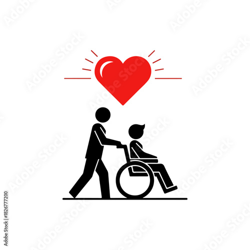 Caregiver pushing wheelchair with heart symbol above, showing love and support.